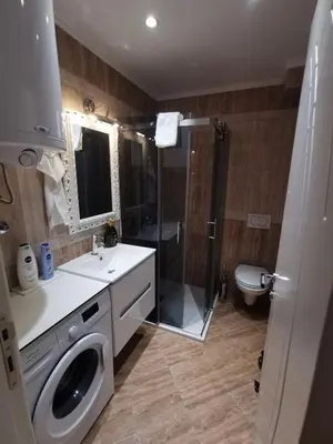 a bathroom with a shower and a washing machine at Fortuna Lux in Zvezdara