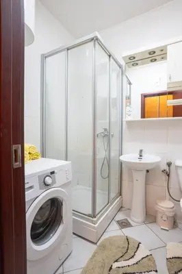 a washing machine in a bathroom with a shower at Lorono Kosta in Belgrade