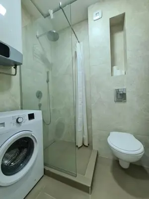 a bathroom with a washing machine and a toilet at Friend LUX Apartman Beograd in Belgrade