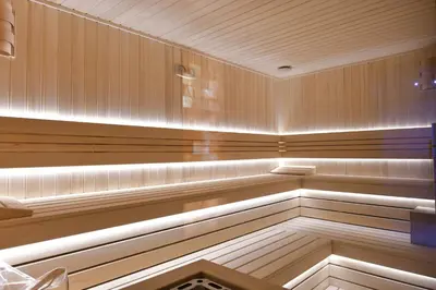 a sauna with wood paneling and lights in it at Royal Wellness and Spa in Ruma