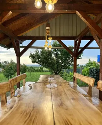a large wooden table in a pavilion with benches at Mila Vila Fruška Gora in Irig