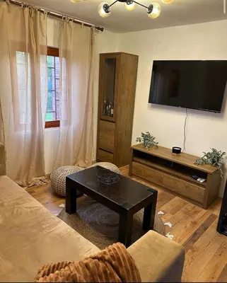 a living room with a couch and a table and a television at Mila Vila Fruška Gora in Irig