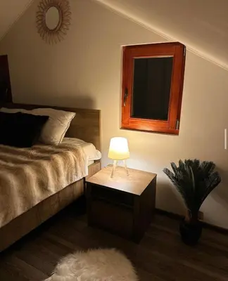 a bedroom with a bed and a table with a lamp at Mila Vila Fruška Gora in Irig