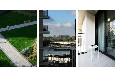 three pictures of a building with a view of a river at inJoy in Belgrade