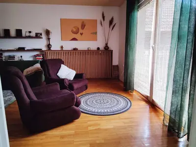 a living room with two chairs and a rug at Hedonists Paradise in Omoljica