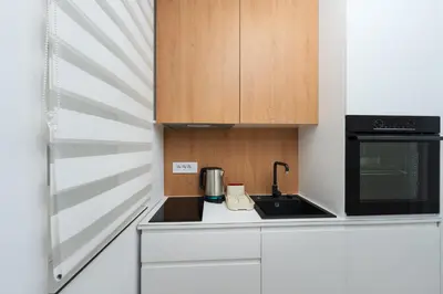 a kitchen with a sink and a stove top oven at Comanda LUXURY APARTMENTS in Belgrade