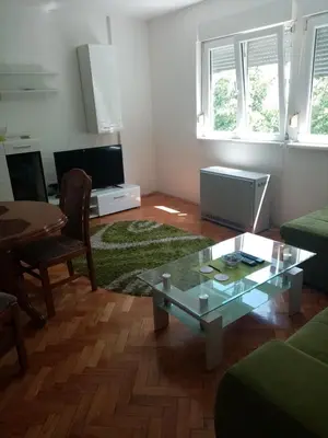 a living room with a green couch and a table at Martin in Belgrade