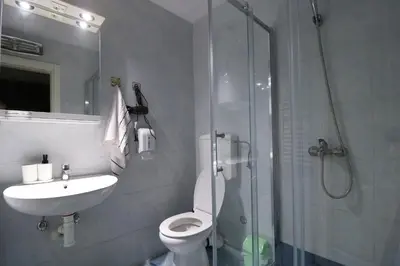 a bathroom with a shower and a toilet and a sink at Flat 23 in Belgrade