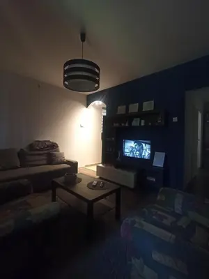 a dark living room with a couch and a tv at Studio 43 in Belgrade