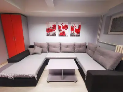 a living room with a couch and a table at Apartman Tara in Belgrade