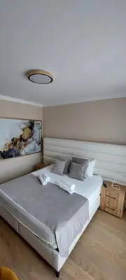 a bedroom with a white bed with a painting on the wall at BW VERDE LUX in Sajmište
