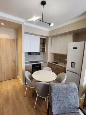 a kitchen with a table and chairs in a room at BW VERDE LUX in Sajmište