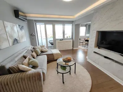 a living room with a couch and a fireplace at Relax in Belgrade