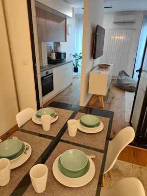 a dining table with green plates and chairs in a kitchen at Elixir in Belgrade