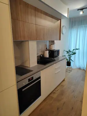 a kitchen with wooden cabinets and a stove top oven at Elixir in Belgrade