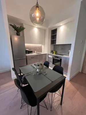 a dining room table and chairs in a kitchen at ZIGZAG Belgrade Waterfront Aqua in Belgrade