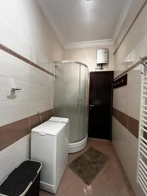 a small bathroom with a shower and a toilet at Apartman Sasha 1 - Ask for free parking in Sajmište