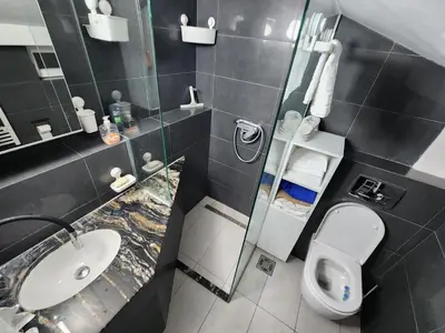 a bathroom with a sink and a toilet and a mirror at Professor's Krunska Studio in Belgrade