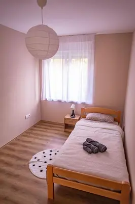 a bedroom with a bed and a large window at Charna apartment Beograd Železnik in Železnik