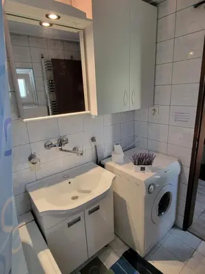a bathroom with a sink and a washing machine at Green Garden Apartments in Surčin