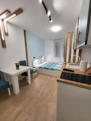 a kitchen and living room with a bed in the background at HARMONY Suites (Savska ulica) in Sajmište