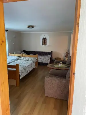 a bedroom with a bed and a living room at Starčević apartmani Orašac Aranđelovac OBAVEŠTENJE Proveriti raspoloživost putem poruke zbog učestalih lažnih rezervacija in Orašac