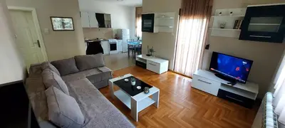a living room with a couch and a flat screen tv at RubiCon Apartments in Belgrade