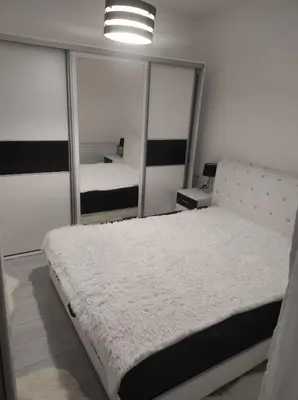 a bedroom with a bed and a large mirror at Bella apartman in Mladenovac