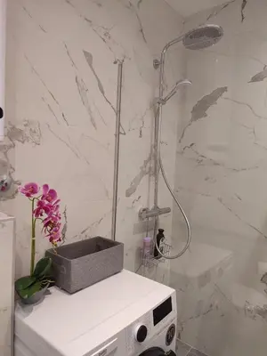 a shower in a bathroom with a flower on a counter at Kalemegdan Park Residence - new luxury apartment in Belgrade