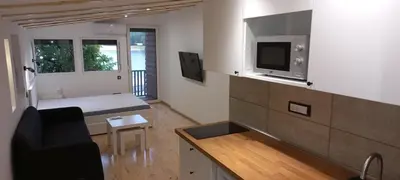 a small living room with a couch and a tv at Island Ada in Čukarica