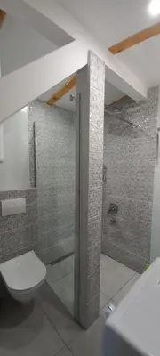 a bathroom with a toilet and a shower at Island Ada in Čukarica