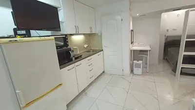 a kitchen with a white refrigerator and a sink at Tesla in Belgrade