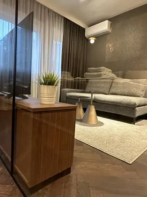 a living room with a television and a couch at Sima City Center in Belgrade