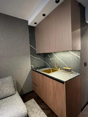 a kitchen with a sink and a couch at Sima City Center in Belgrade