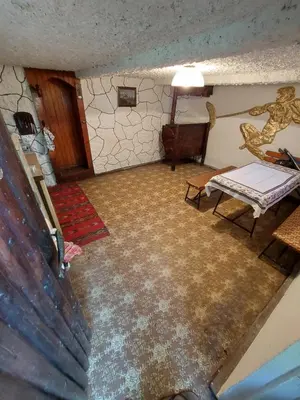 an overhead view of a living room with a bed and a table at Varljivo leto, Fruska gora in Čortanovci