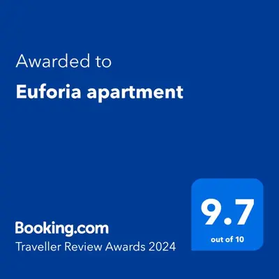a blue screen with the text awarded to epirric apartment at Euforia apartment in Novi Beograd