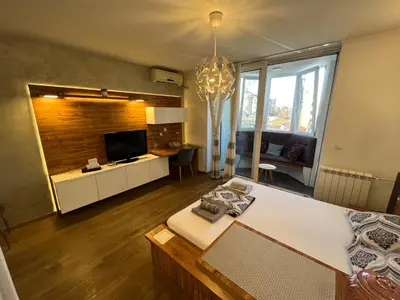 a living room with a bed and a television at Hedonic Studio in Belgrade