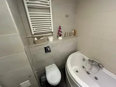 a bathroom with a toilet and a sink and a tub at Hedonic Studio in Belgrade