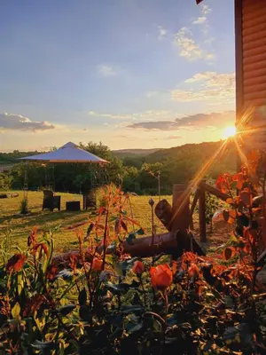a sunset in a field with the sun shining at Sunny Side Fruska Gora- apartman A in Velika Remeta