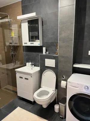 a small bathroom with a toilet and a sink at Luxe Living Modern Apartment Stara Pazova in Stara Pazova