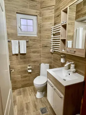 a bathroom with a toilet and a sink and a window at Airport Apartments Alexandra in Surčin