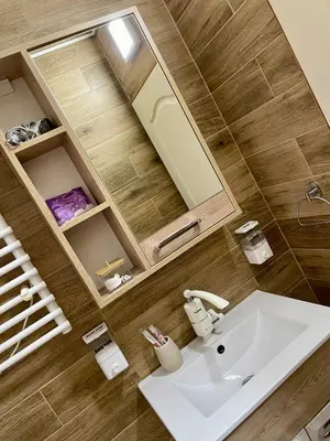 a bathroom with a sink and a mirror at Airport Apartments Alexandra in Surčin