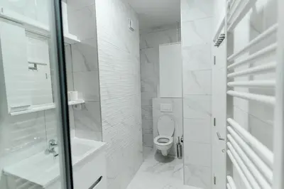 a white bathroom with a toilet and a shower at Rajski Kutak in Arandjelovac