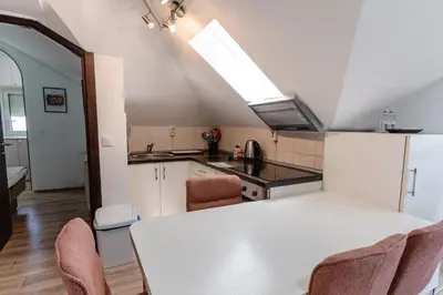 a kitchen with a table and chairs in a room at RoofTop in Arandjelovac