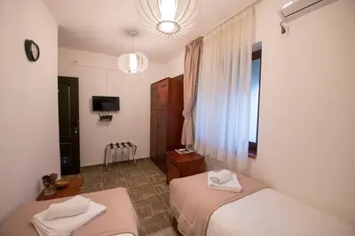 a bedroom with two beds and a tv and a window at Gardoš rooms in Zemun
