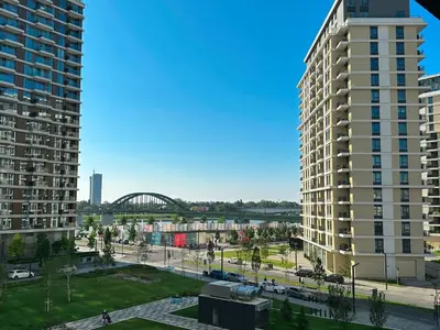 a view of a city with two tall buildings at Beldorado Apartments - Belgrade Waterfront Royal Luxury Studio in Belgrade