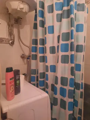 a bathroom with a toilet and a shower curtain at Nena Apartman in Belgrade