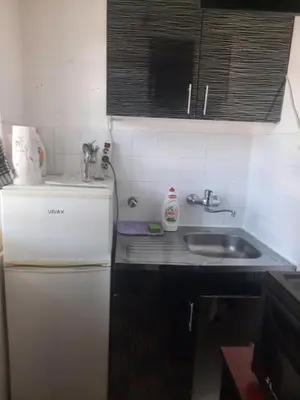 a small kitchen with a sink and a refrigerator at Nena Apartman in Belgrade