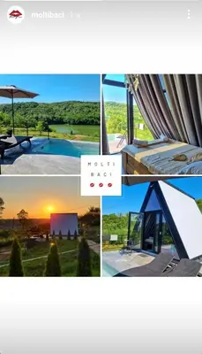 a collage of photos of a house and a pool at Glamping A frame lake Heated pool in Barajevo