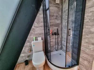 a bathroom with a shower and a white toilet at Glamping A frame lake Heated pool in Barajevo